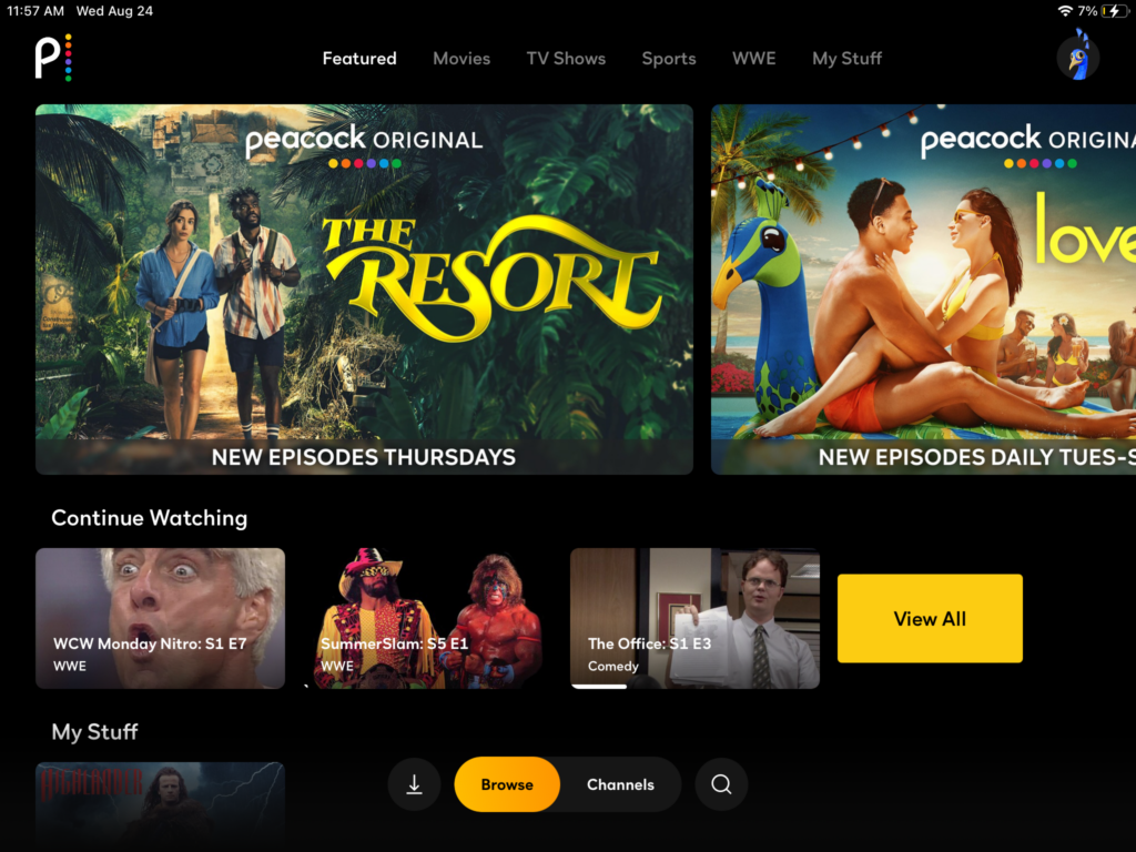 Screenshot of Peacock streaming service interface with featured shows.