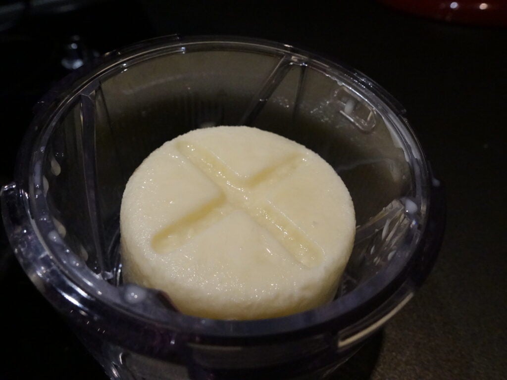 Condensed milk puck before being chaved in the KitchenAid Shave Ice Attachment