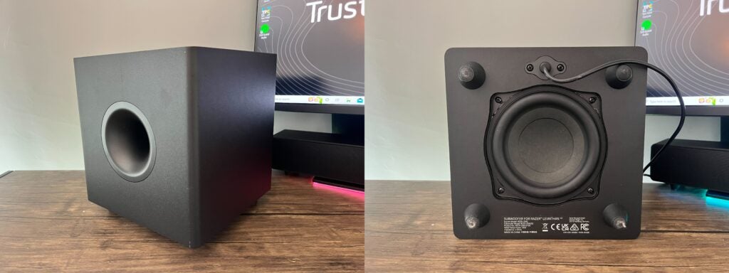 The Razer subwoofer on its side and from the front