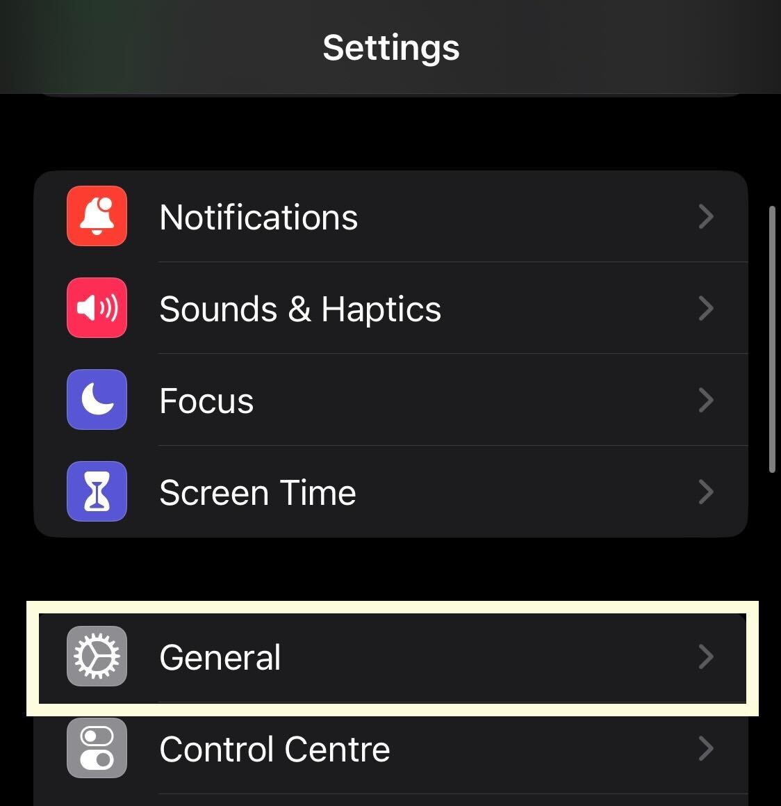 General button in Settings 
