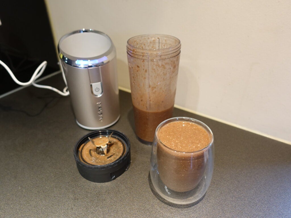 Chocolate smoothie made in the Cuisinart Cordless On the Go Blender