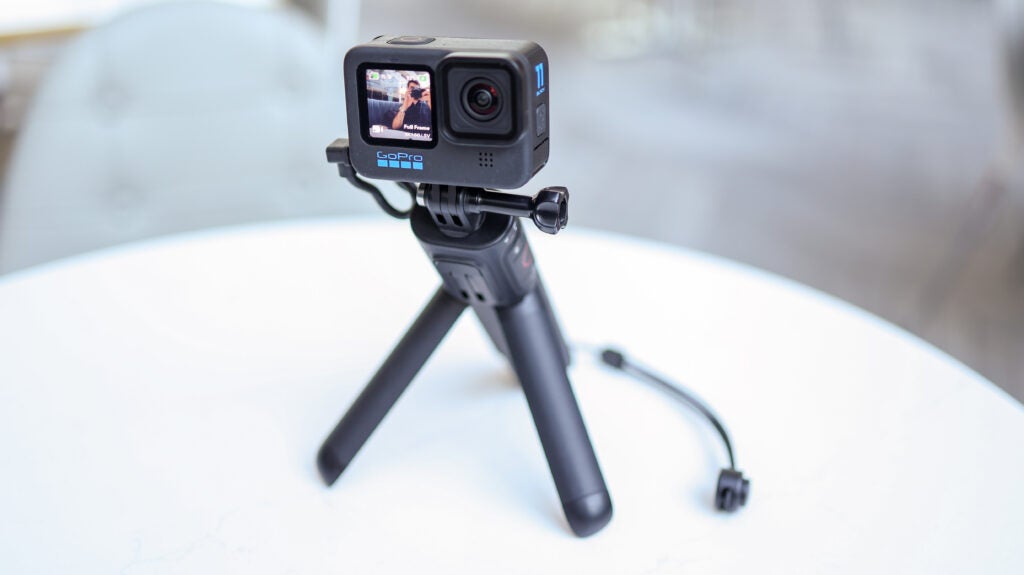 The GoPro Hero 11 Black on a stand