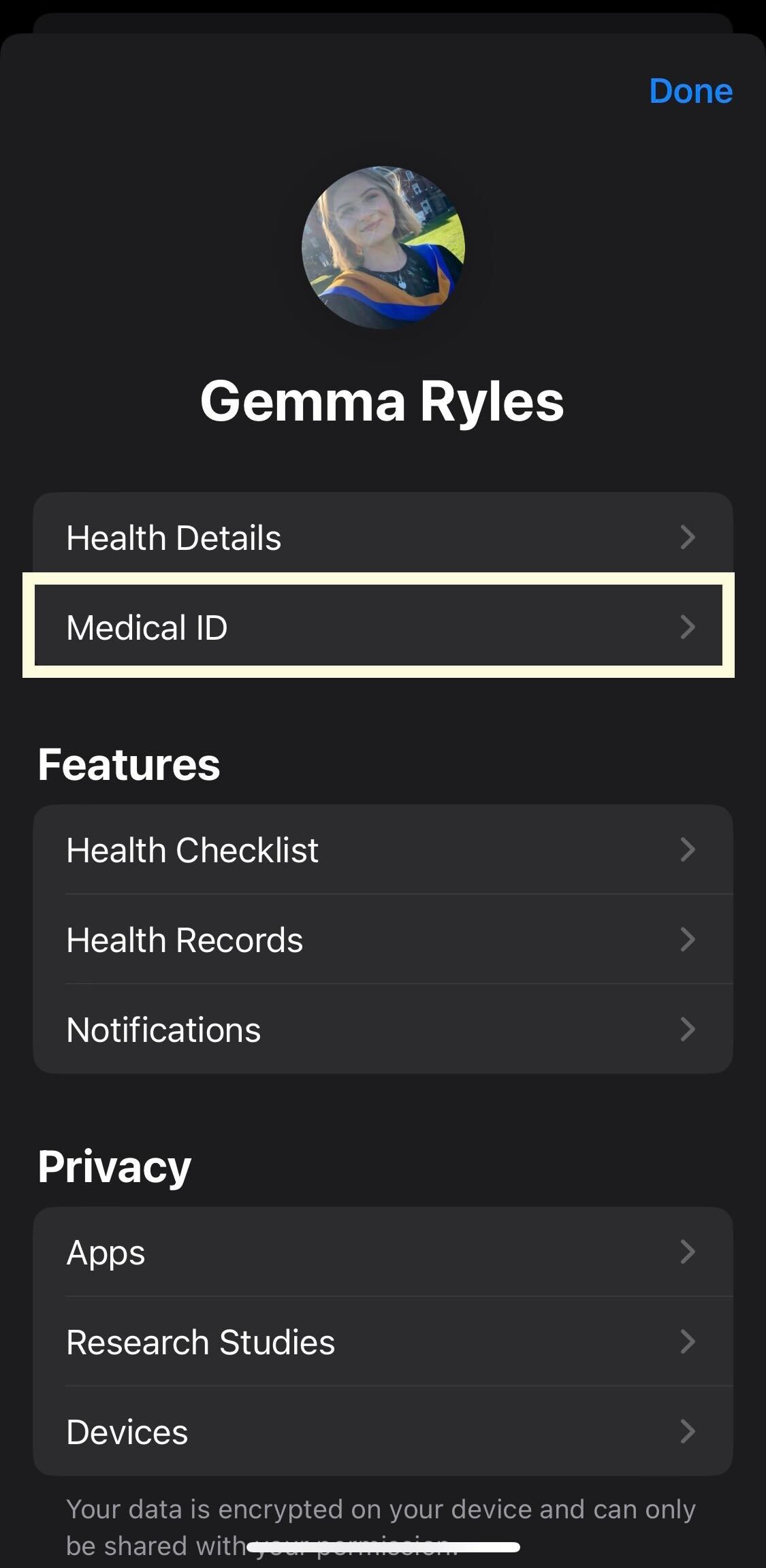 The Medical ID button in the Health app