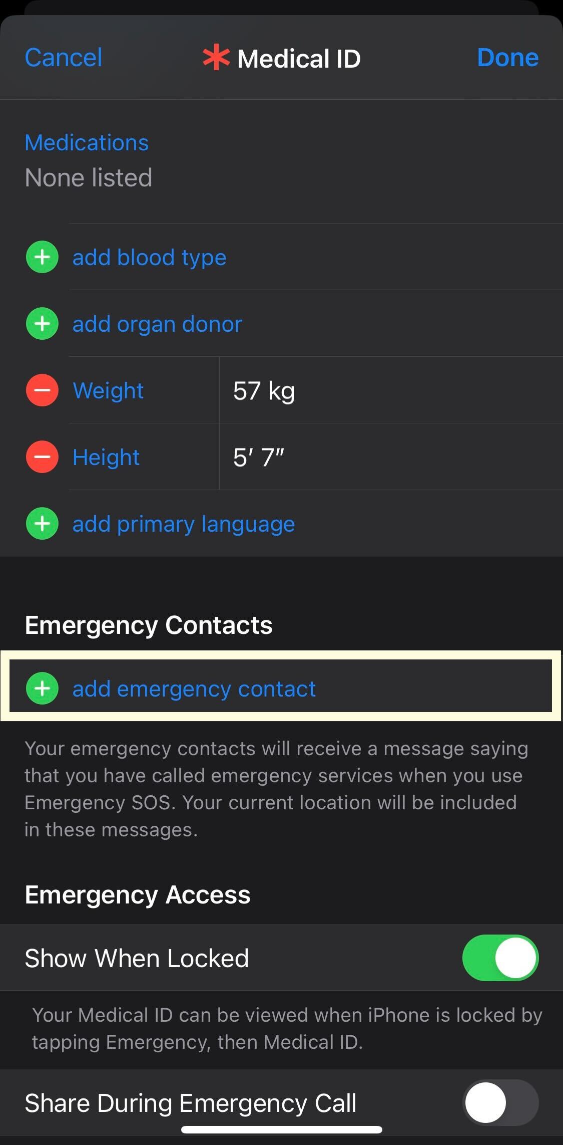 Add Emergency contacts button