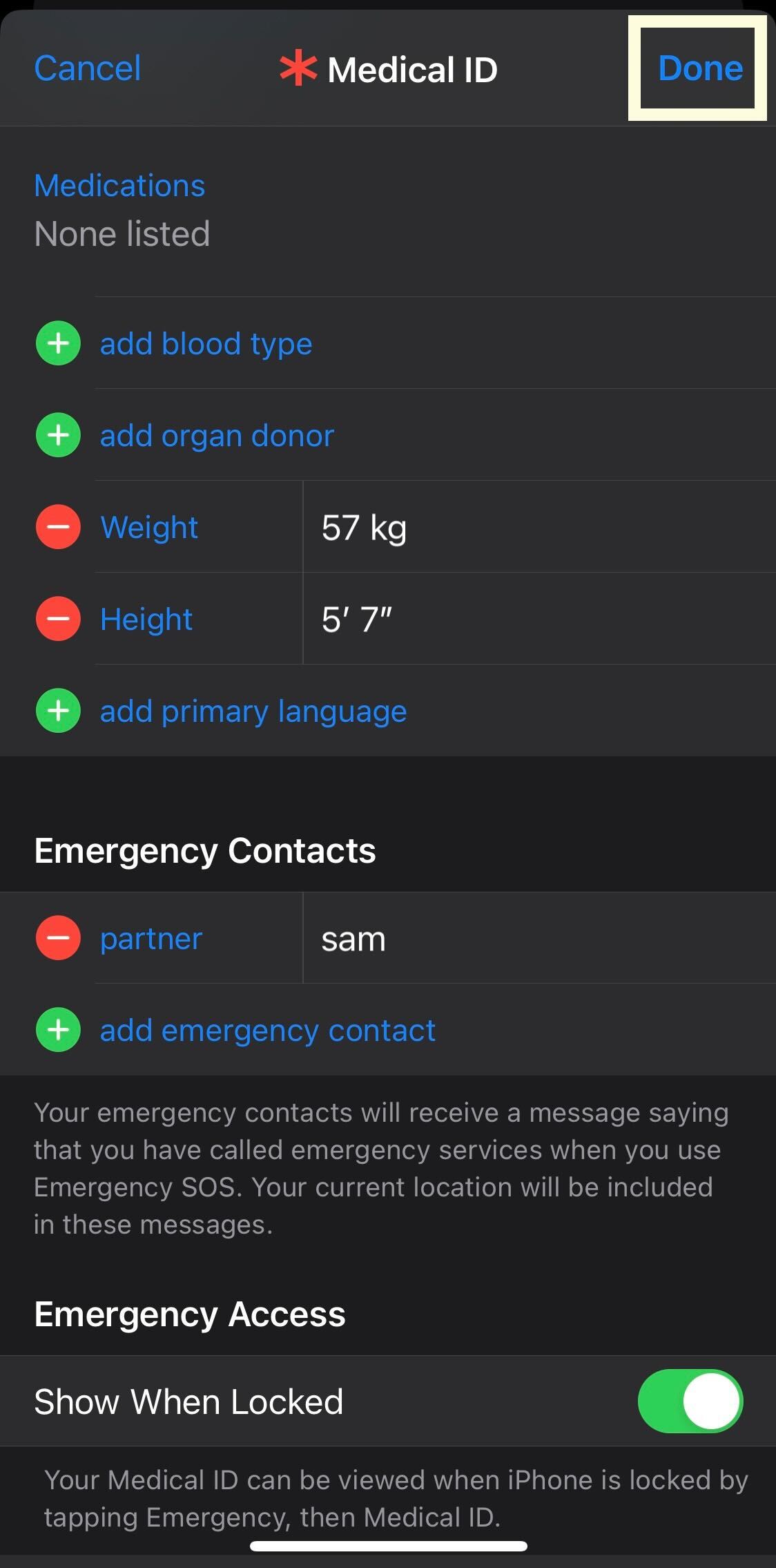 The Done button in the Health app