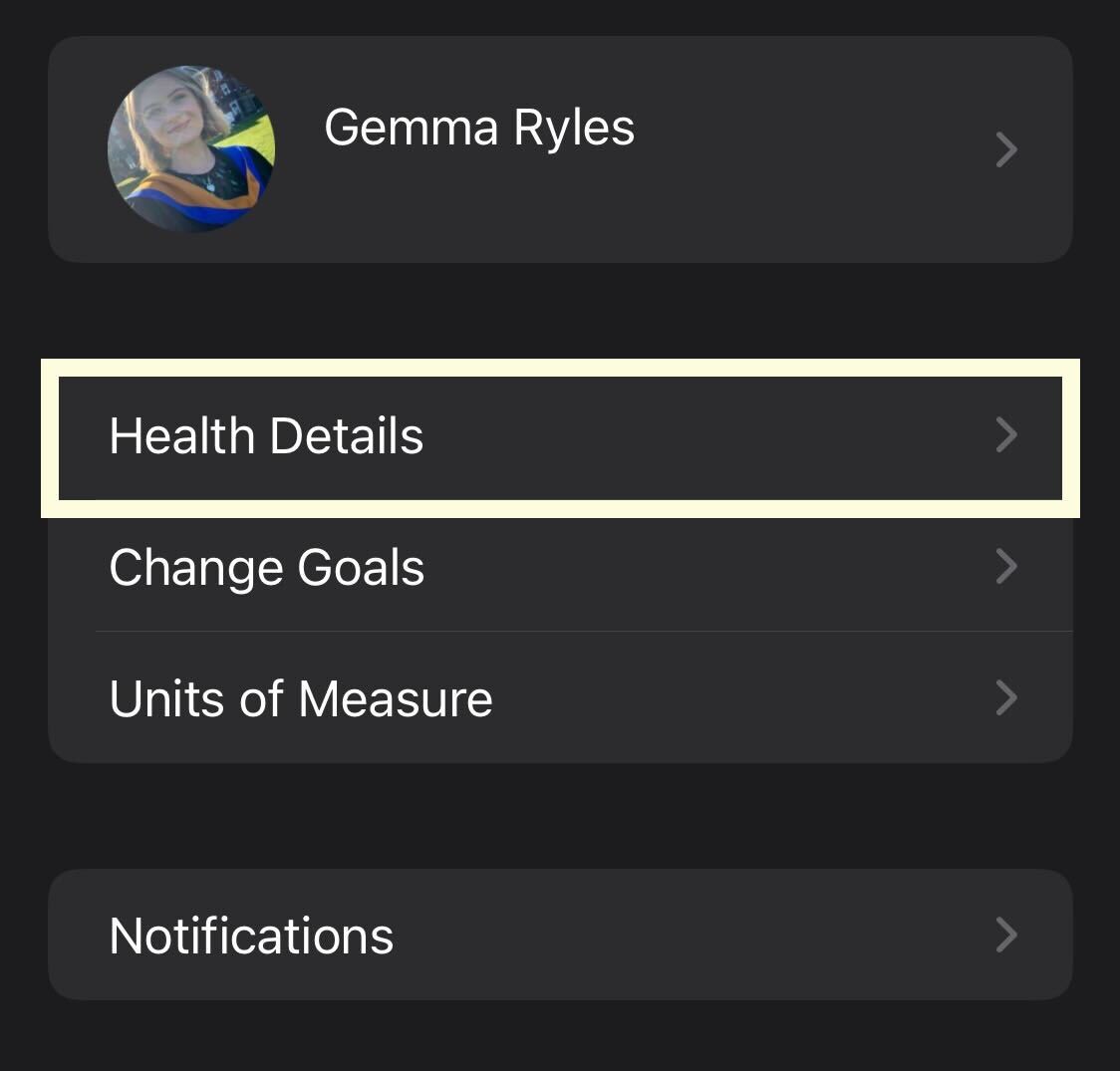 Health details button in Fitness