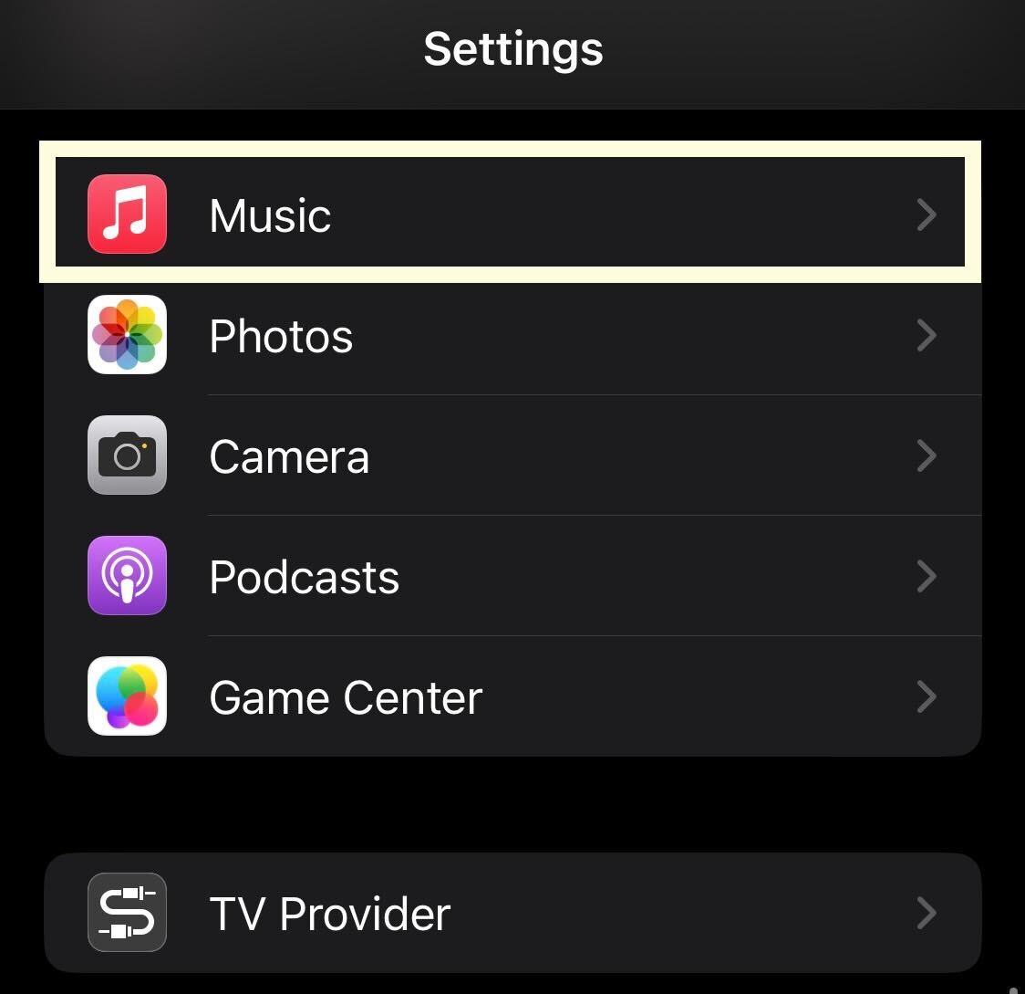 iOS の設定の音楽ボタン