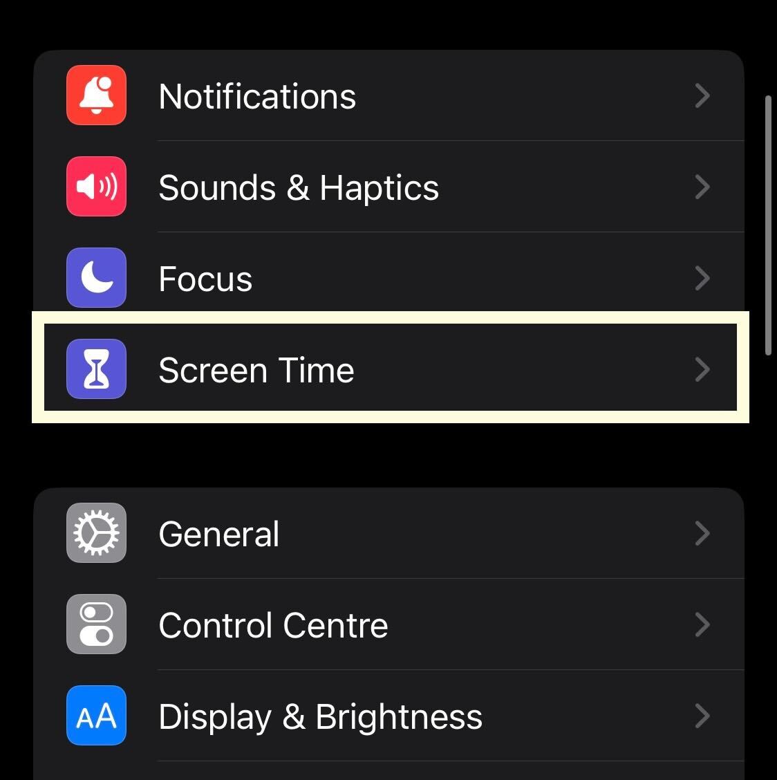 Screen Time button on iPhone