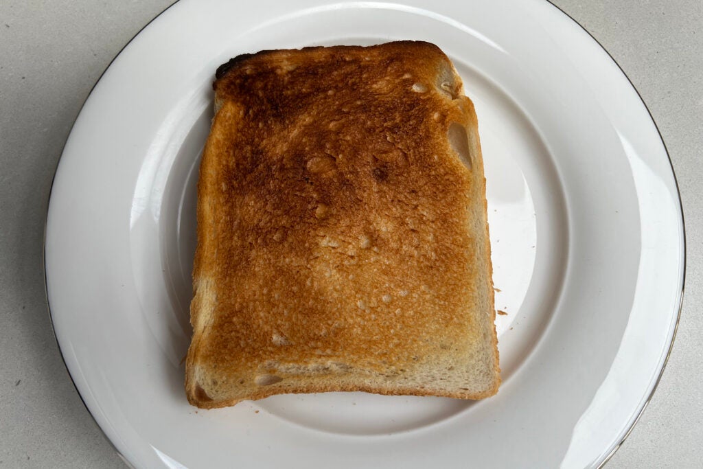 Toasted slice of bread on a white plate.Toasted bread slice on a white plate.Toasted bread on a white plate with uneven browning.