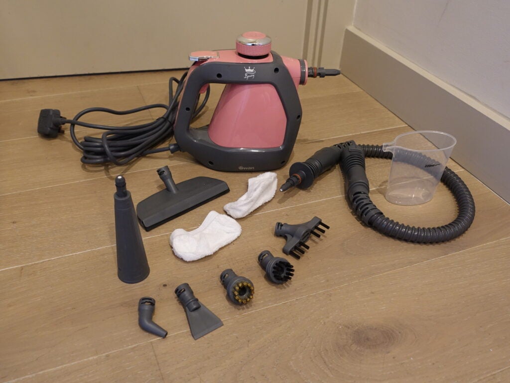 Swan Linsey has a steam cleaner on hand with all its accessories