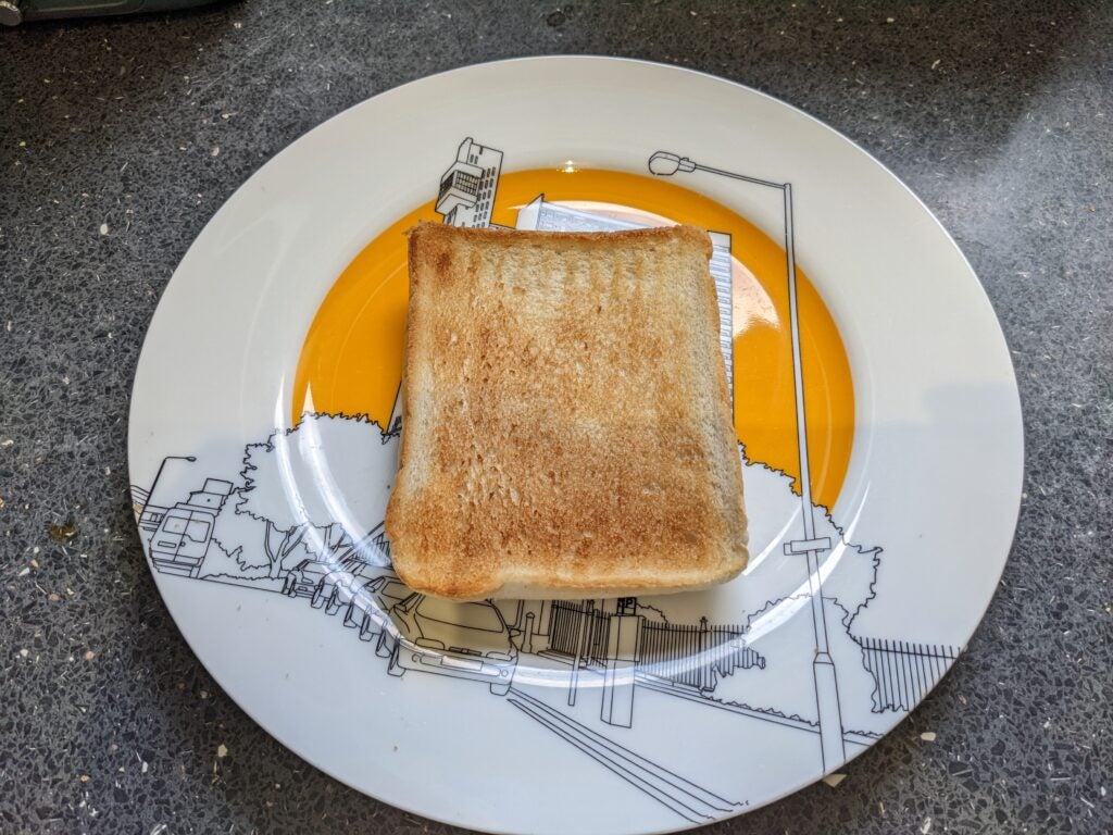A nicely browned slice of toast, made with the Zwilling Enfinigy 2 Short Slots