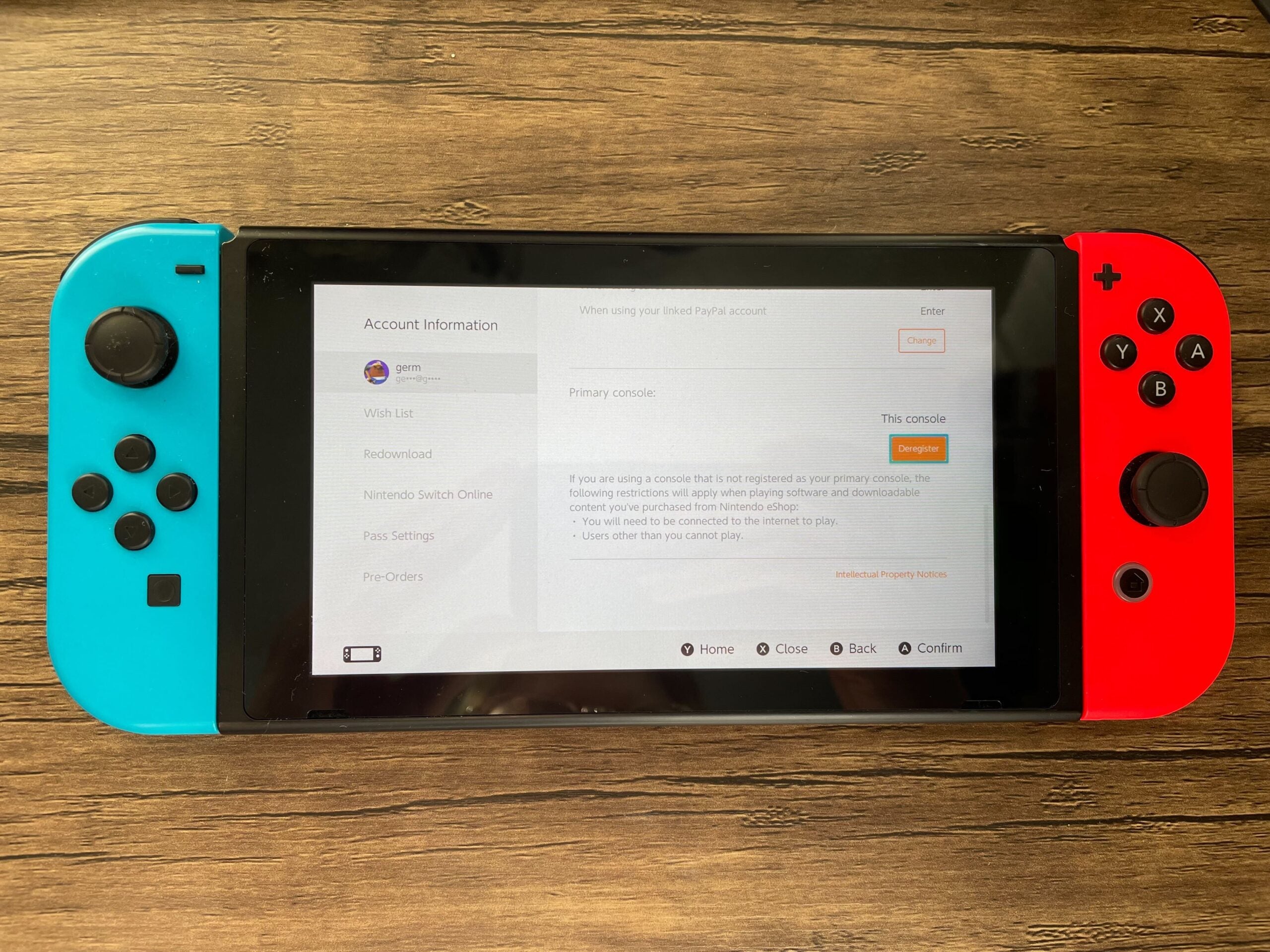 Deregister your account on Switch