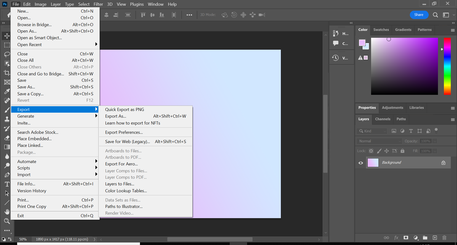 How to export a file as a PNG in Photoshop