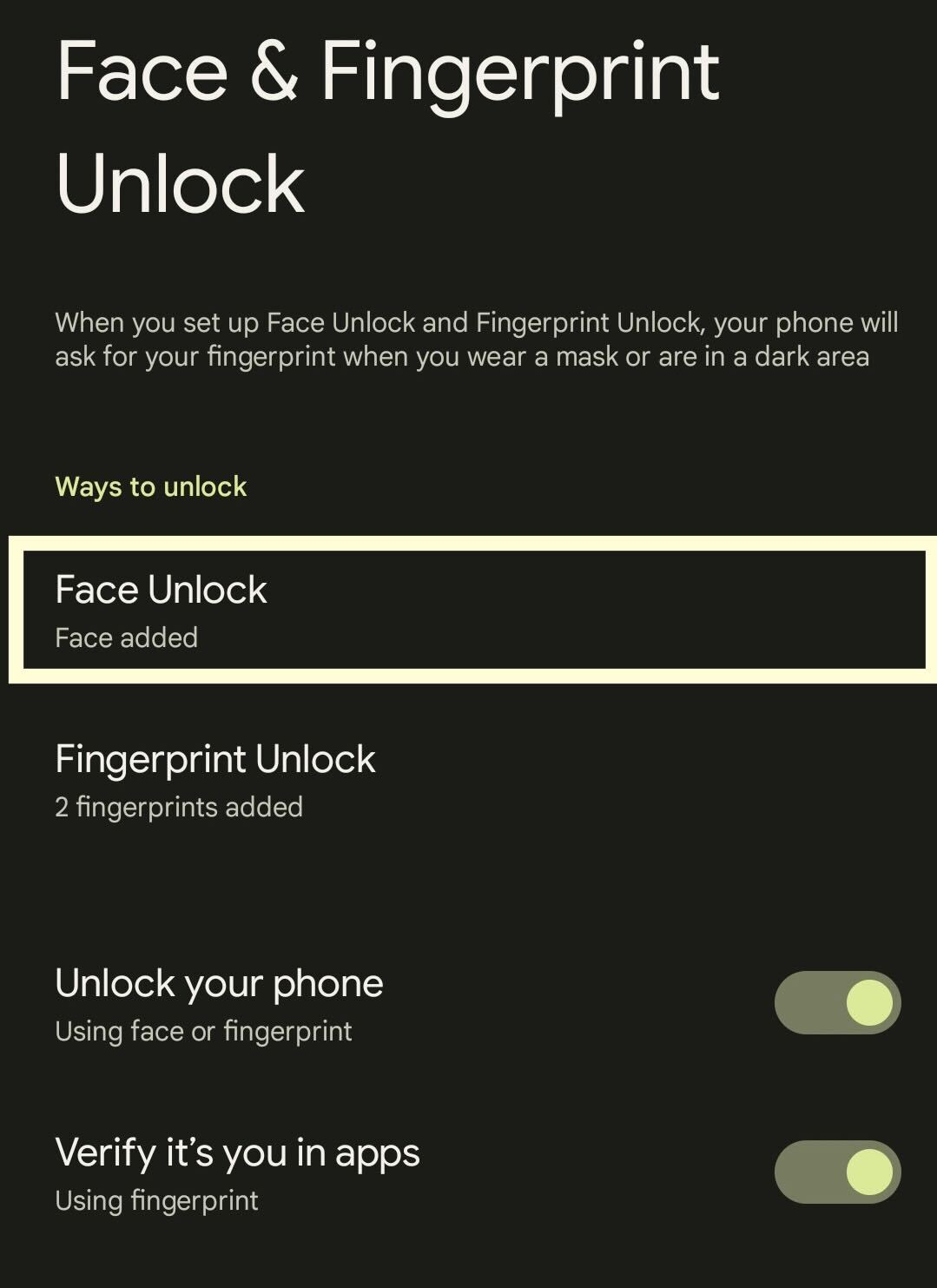 Click on Face Unlock
