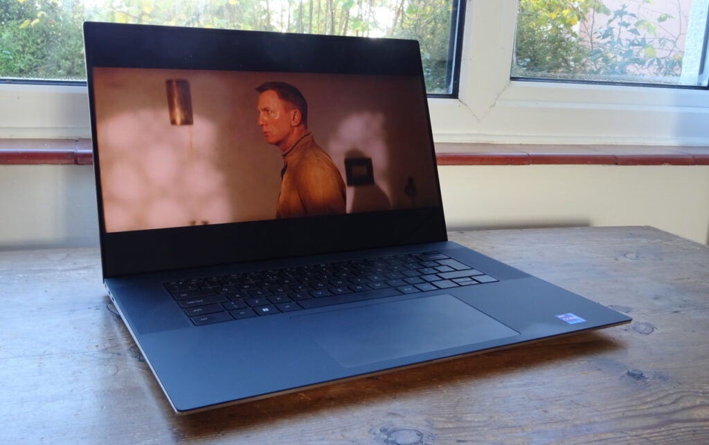 The Dell XPS 17 showing a screengrab of actor Daniel Craig