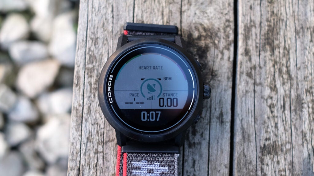 The Coros Apex 2 watch with an exercise mode activated on screen