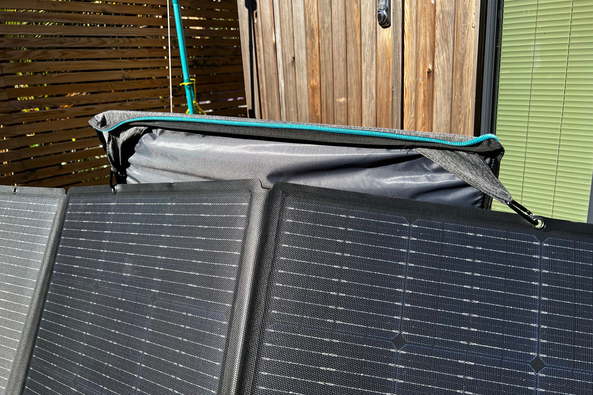 The EcoFlow Delta 2 case used as a solar stand