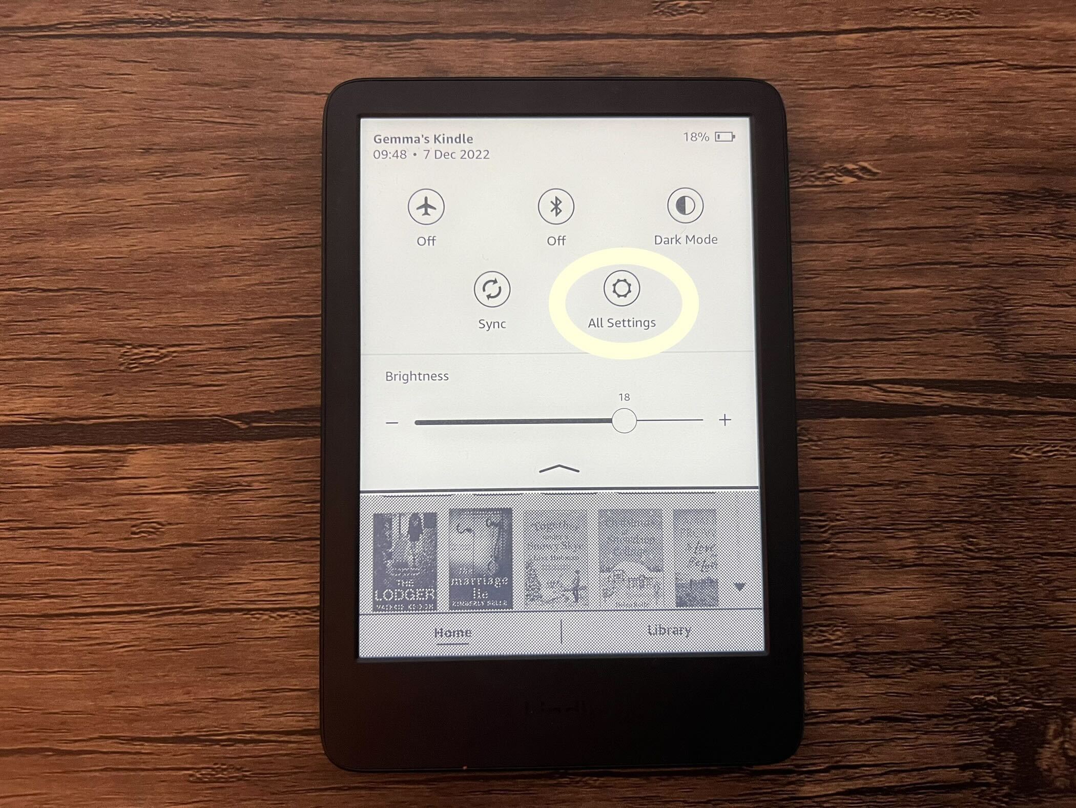 Kindle on the Settings button