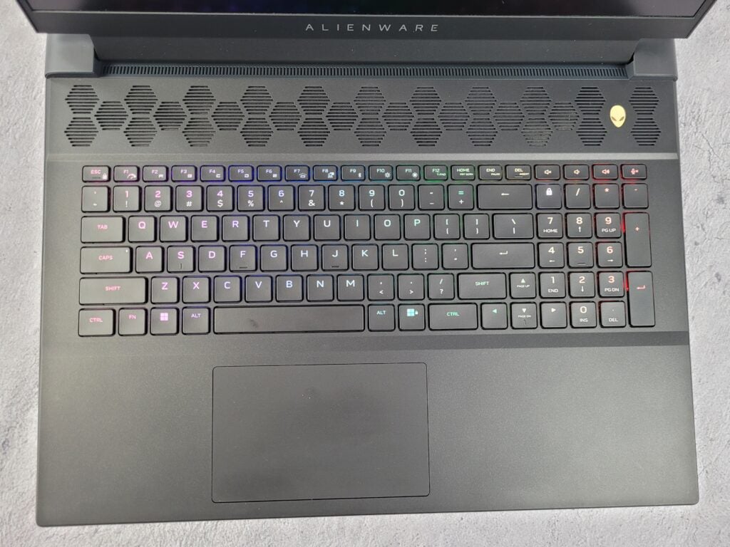 A look down at the Alienware m18 keyboard
