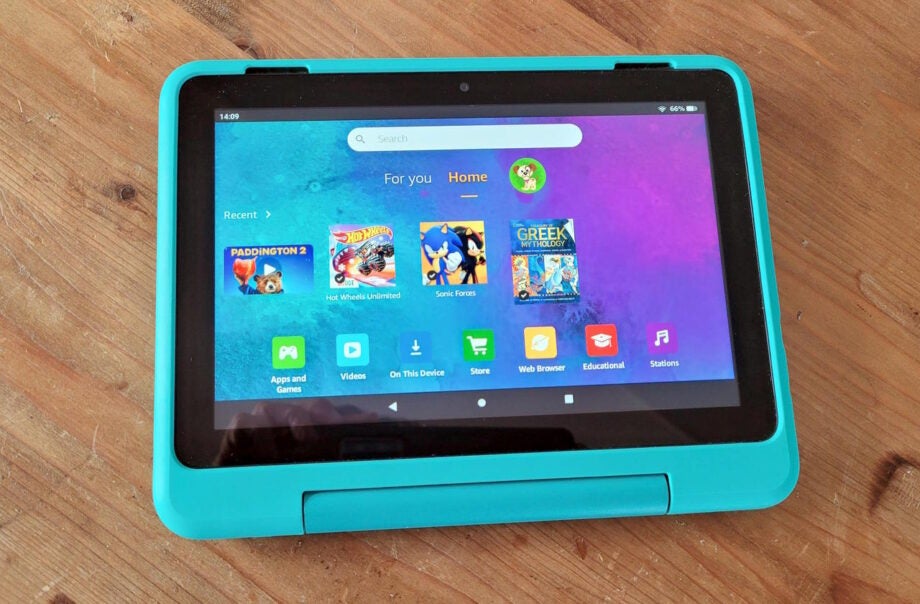 Amazon Fire HD 8 Kids Pro tablet on wooden surface
