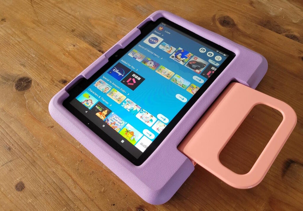 The Fire HD 8 Kids tablet resting on a desk