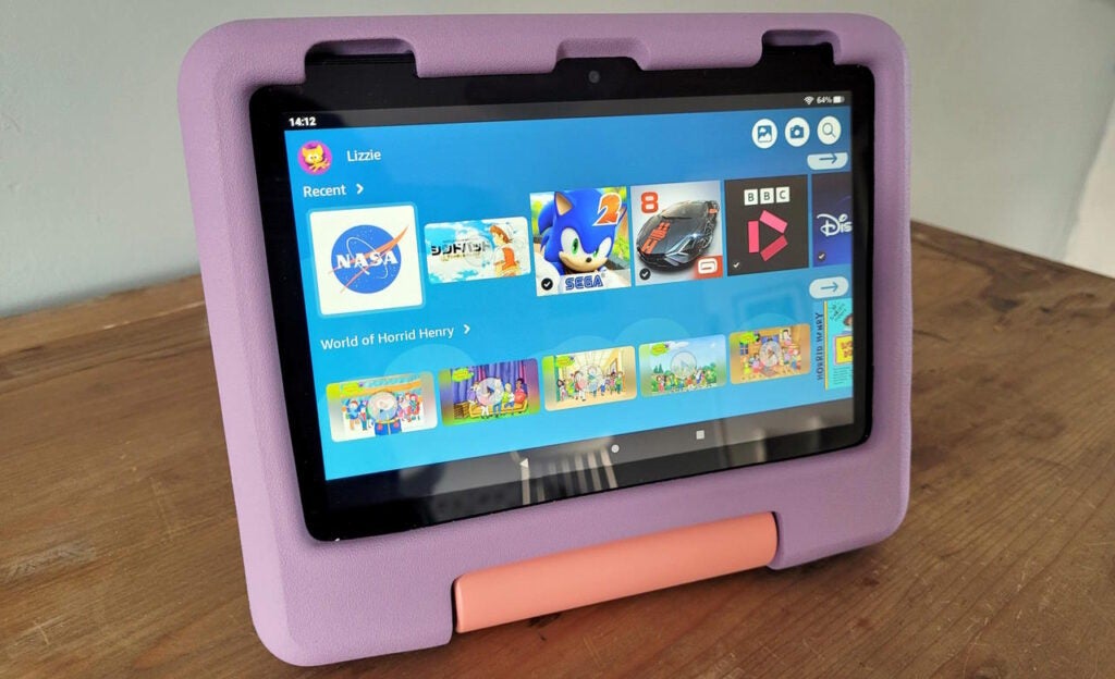 The Amazon Fire HD 8 Kids (2022) propped up