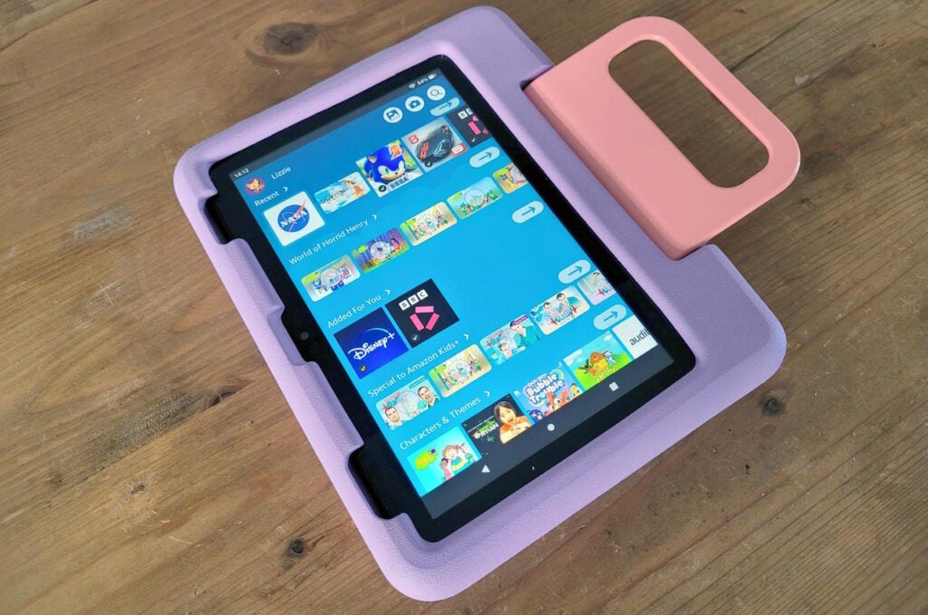 The Amazon Fire HD 8 Kids (2022) with its handle extended
