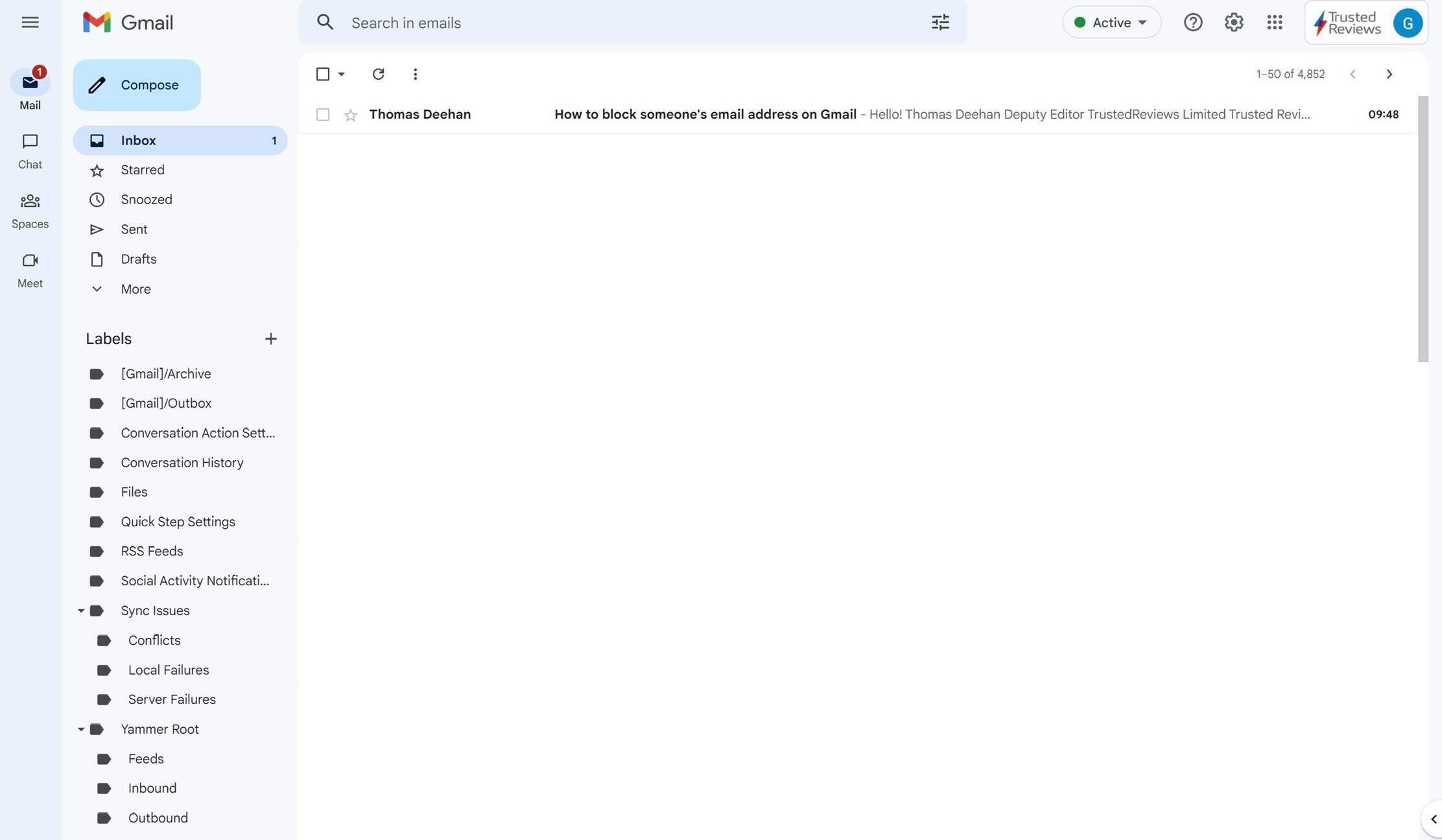 Gmail inbox from Thomas
