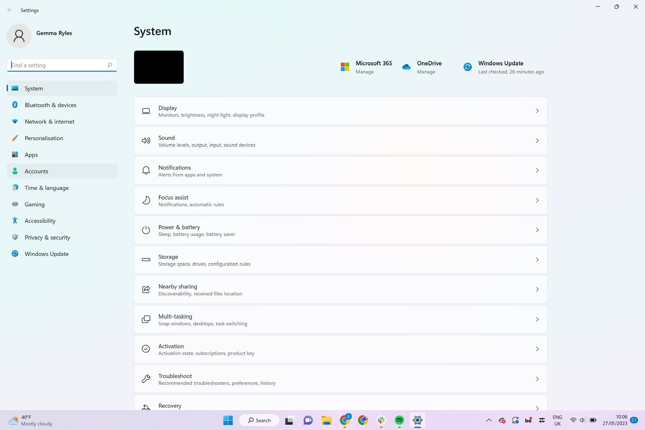 Windows 11'deki ayarlar sayfası