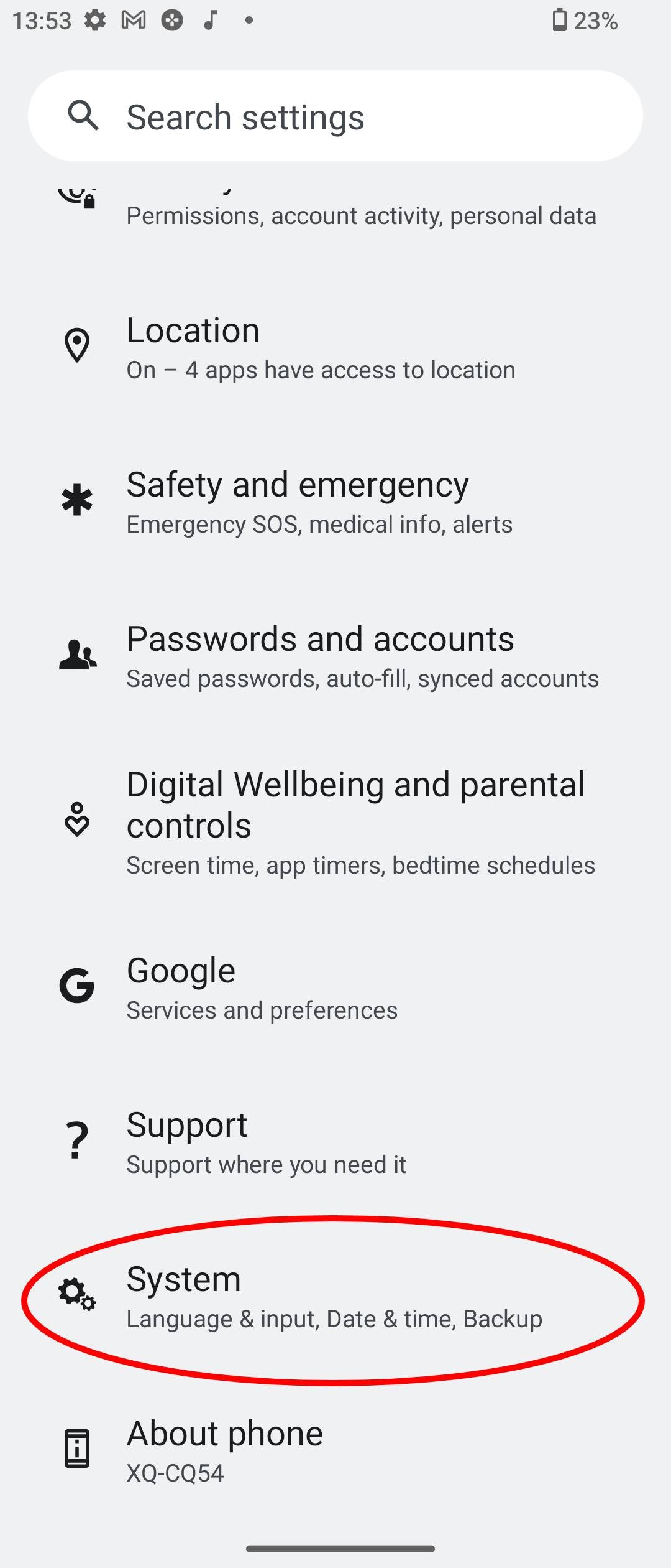 The System menu in the Settings app