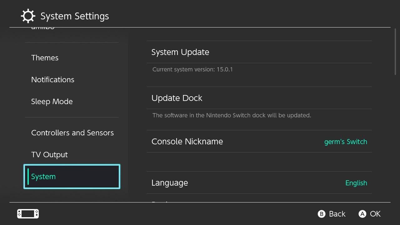 System settings on Nintendo switch