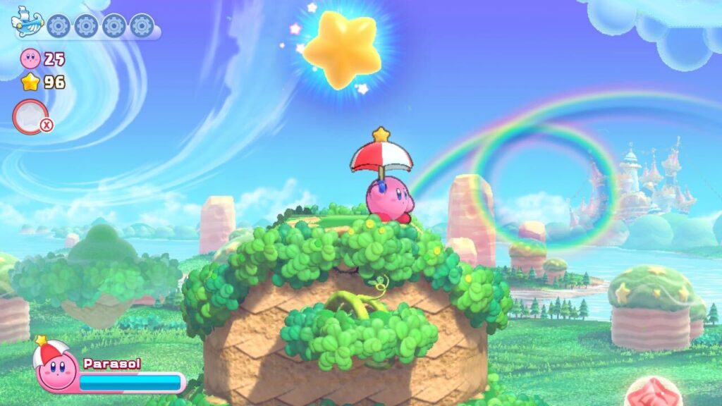 Kirby with an umbrella in Kirby's Return to Dream Land Deluxe