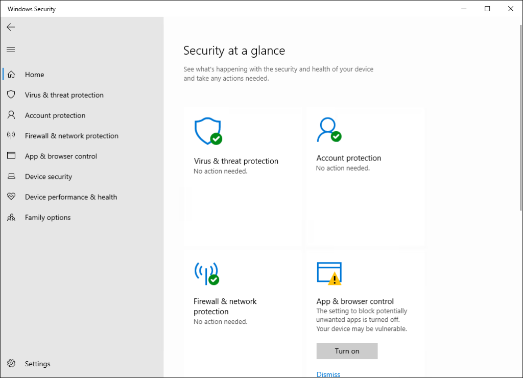 Cuplikan layar antarmuka Microsoft Defender Antivirus