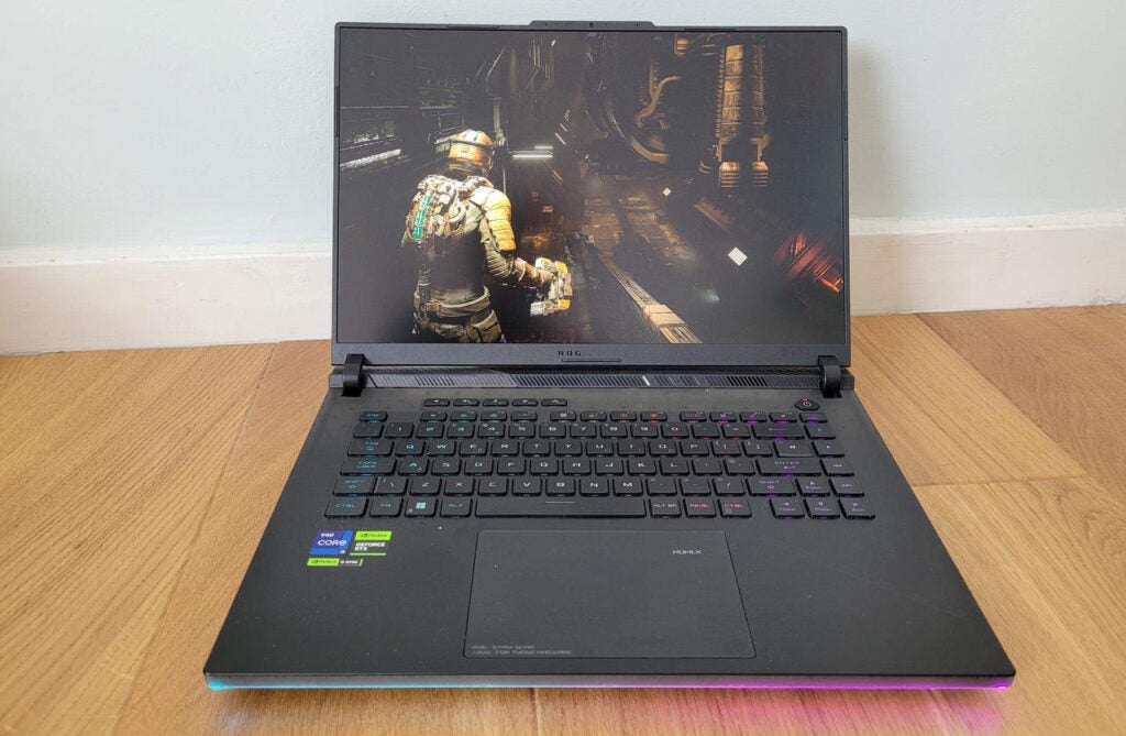 The Asus ROG Strix Scar 16 (2023) laptop with an RGB underglow.