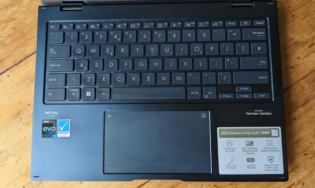 A look down at the keyboard of the Asus Zenbook 14 Flip OLED (2023)