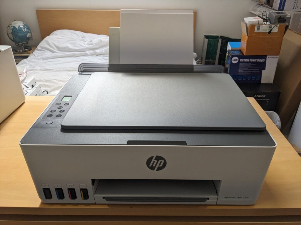 HP Smart Tank 5105 on a desk, viewed from above