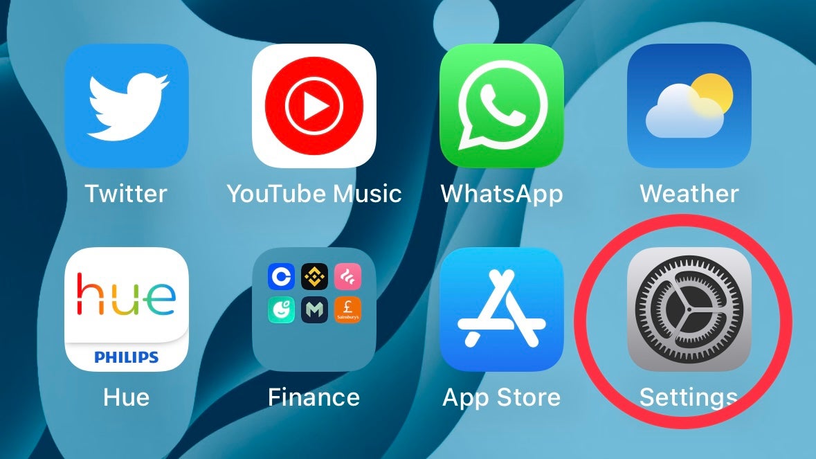 円の中に設定アプリが表示された iPhone のホーム画面。