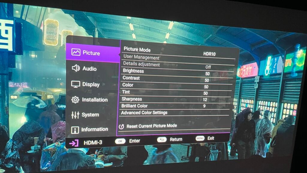 Main picture menu of the BenQ TK860i projector.