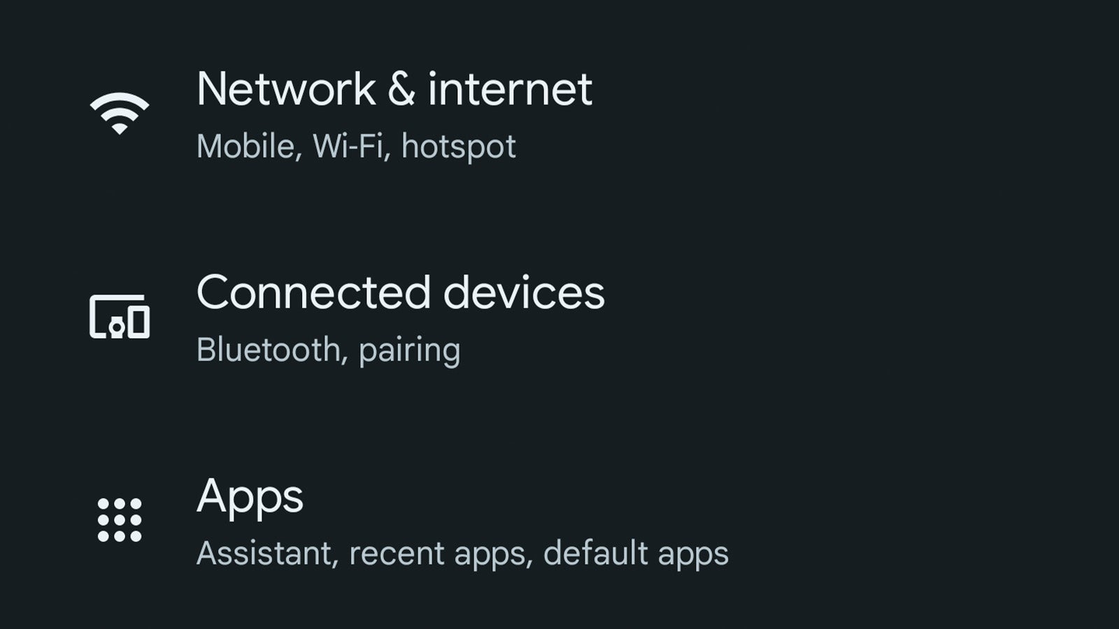 Network & internet menu in Settings app