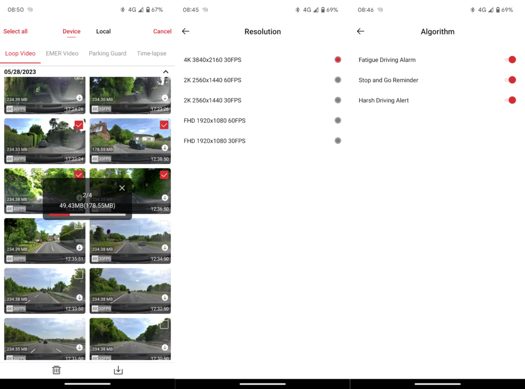 Miofive 4K UHD dash cam app showing recorded videosMobile app interface showing Miofive dash cam footage and settings.