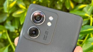 Close-up of Motorola Edge 40 camera module with dual lenses.