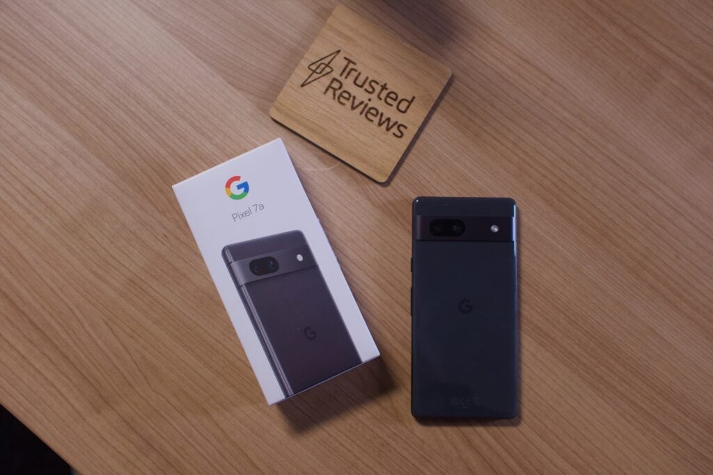 Google Pixel 7a back in Charcoal and box