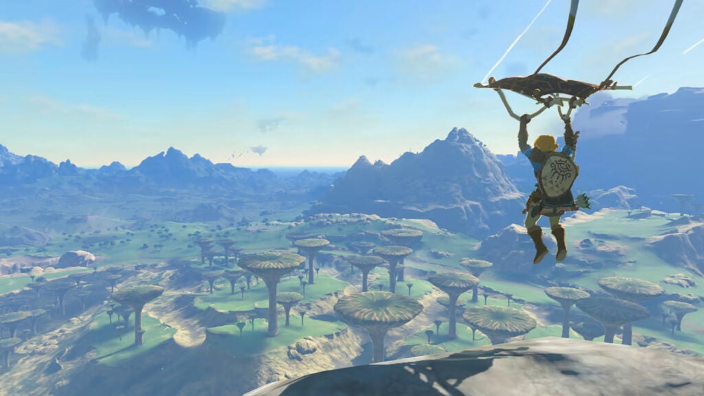 Link gliding through the air in The Legend of Zelda: Tears of the Kingdom