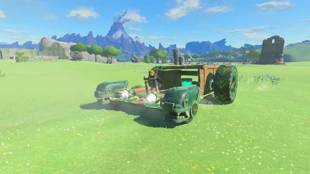 Link operating a vehicle he has built in Tears of the Kingdom