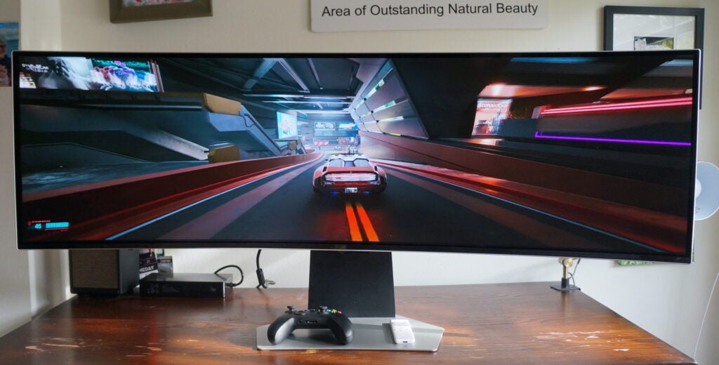 Samsung Odyssey G9 OLED (2023) screen playing Cyberpunk 2077
