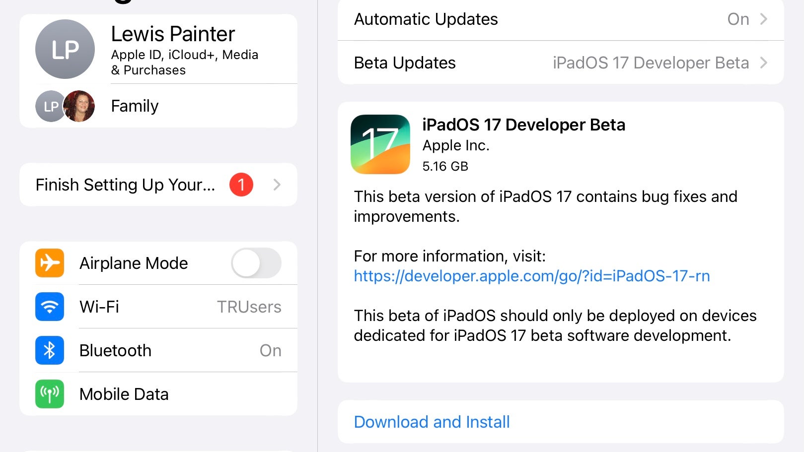 iPadOS 17 Developer Beta update menu