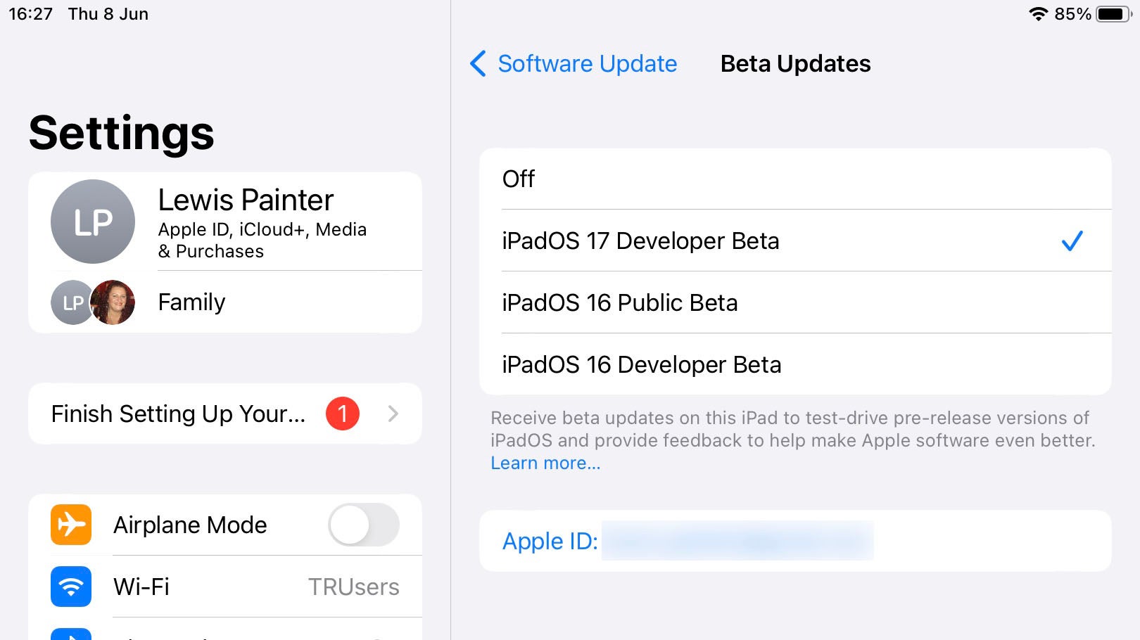iPadOS 17 beta updates menu