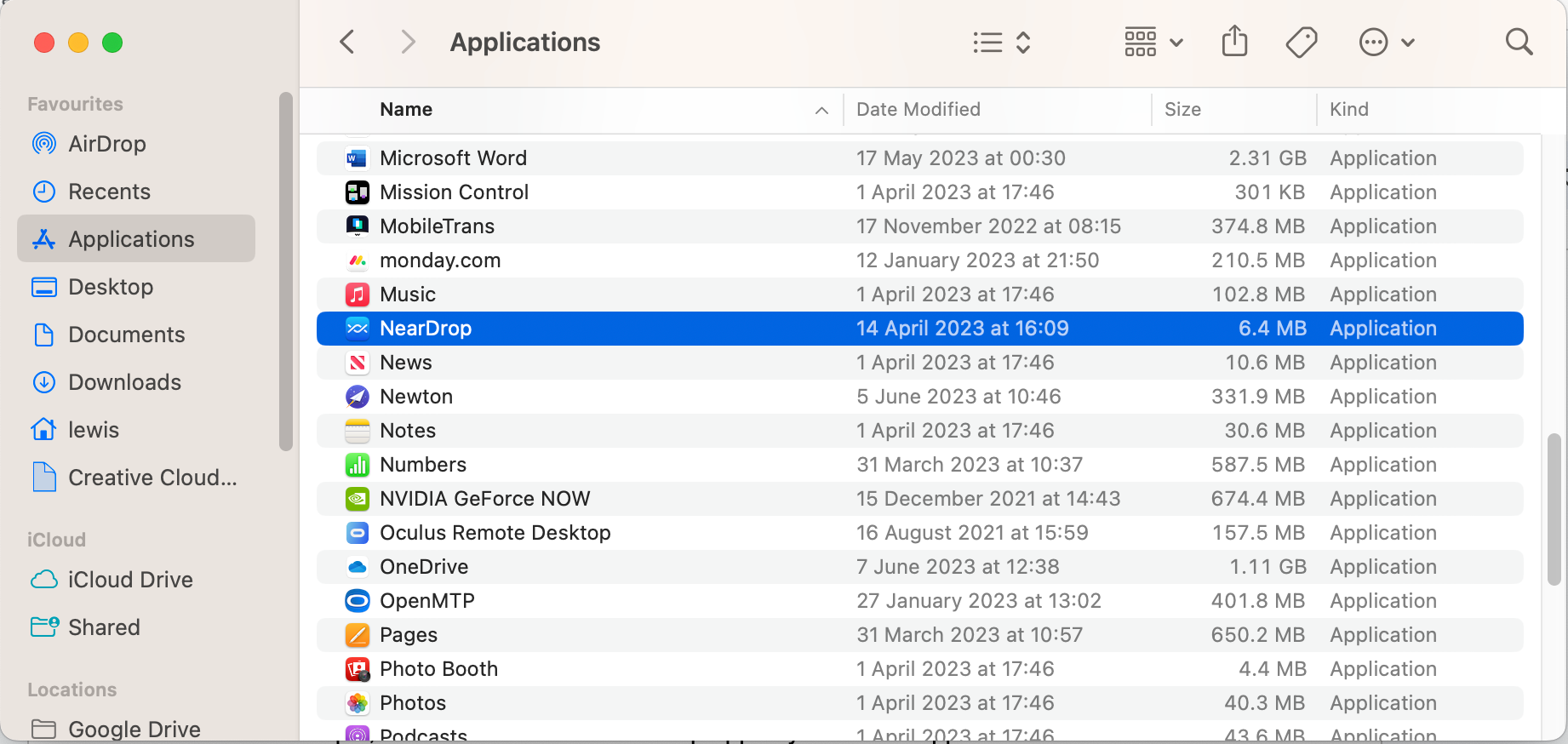 NearDrop app in the Applications menu on Mac