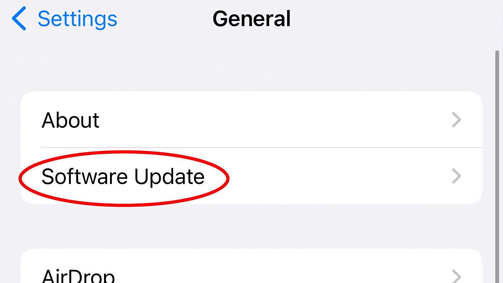 Software update tab in the Settings app