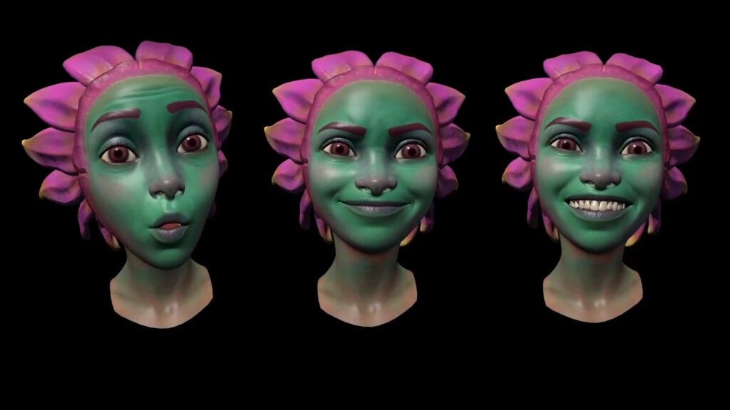 Facial tracking on Quest ProThree facial expressions of a digital avatar.